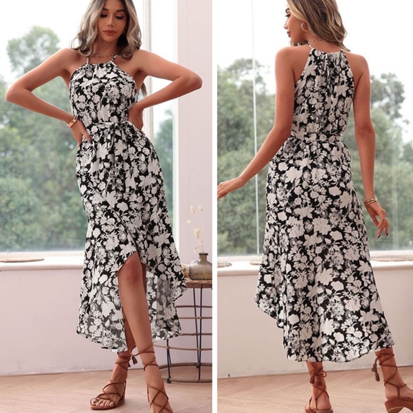 Dresses & Skirts - Floral Tie Waist High-Low Midi Dress